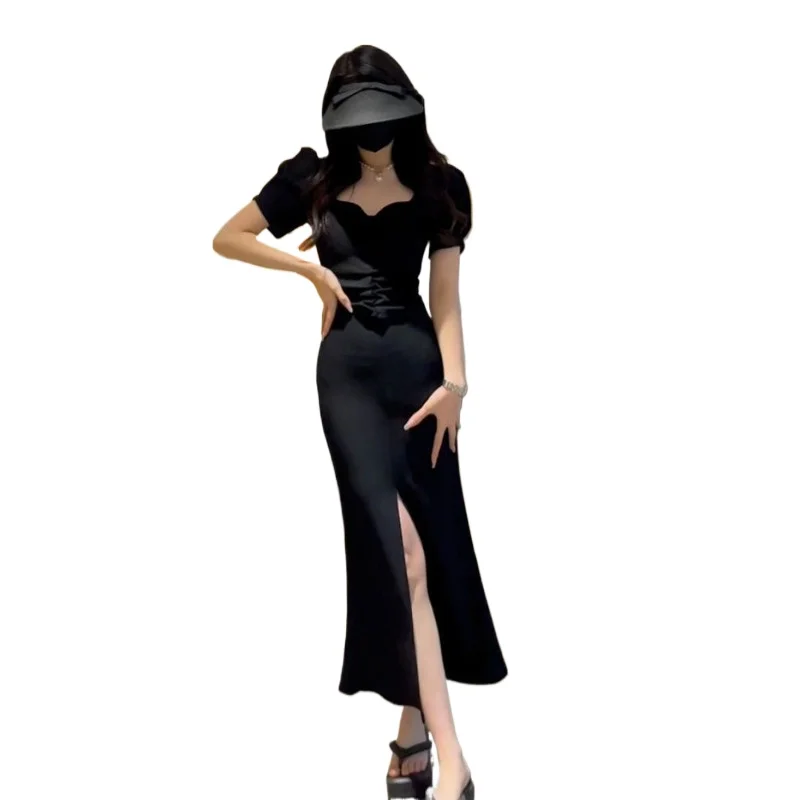 

Royal Sister Wind Dress New Women's Short-sleeved Senior Sense Slit Waist Slimming A-line Long Dress Female Summer Beautiful