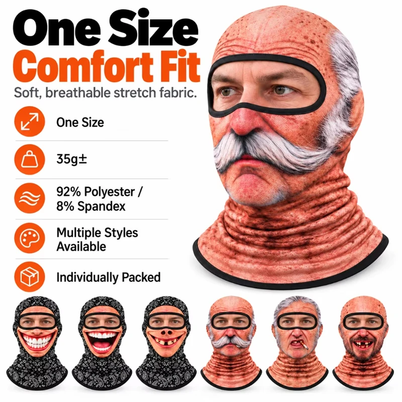 Funny Old Man Ski Mask Realistic Face Balaclava Summer Winter 3D Printed Full Face Mask for Skiing Snowboarding Outdoor Sports