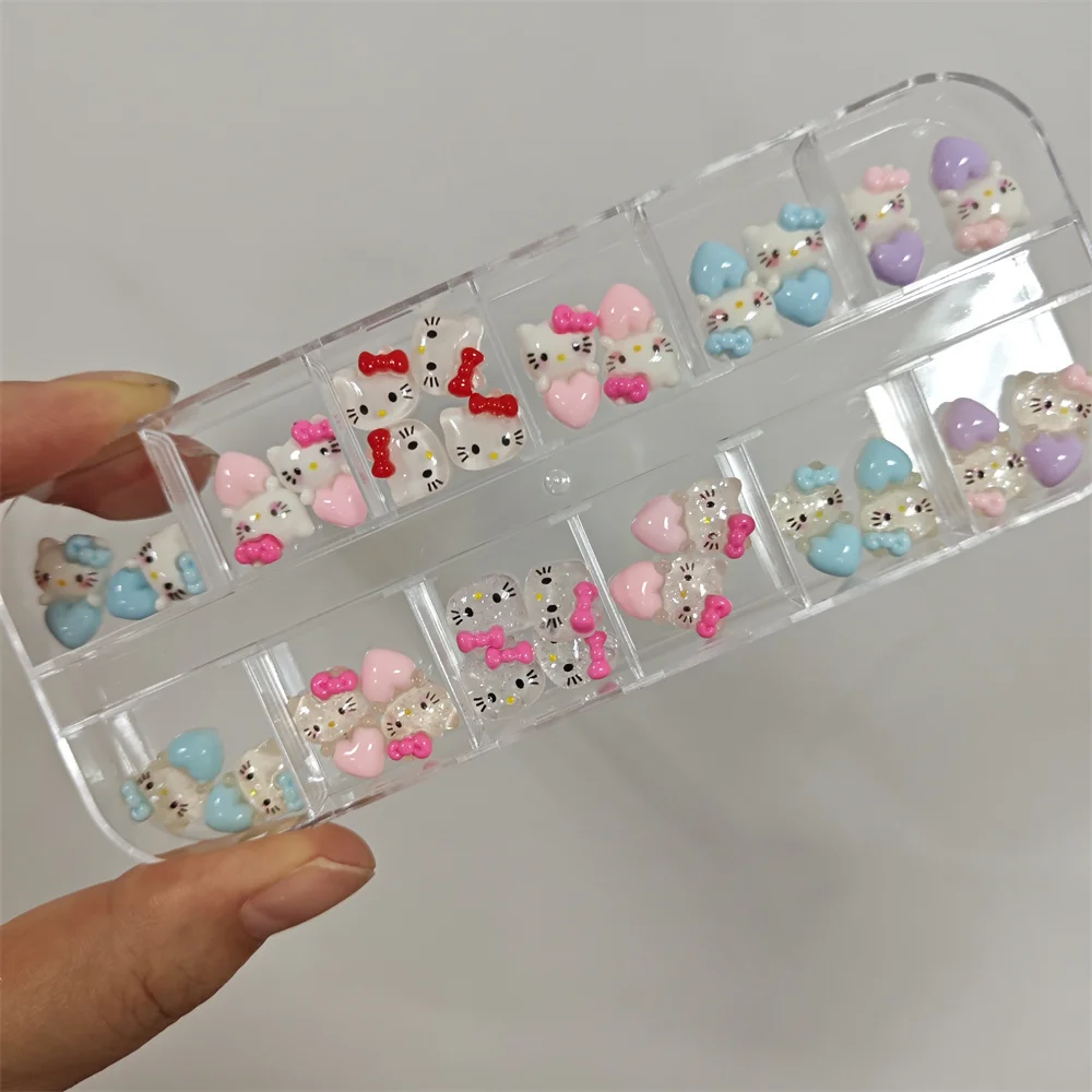 12 그리드/박스 혼합 글리터 3D 카와이 헬로 키티 네일 참 핑크/블루/퍼플 러브-하트 키티 고양이 네일 아트 마카롱 KT 고양이 부품