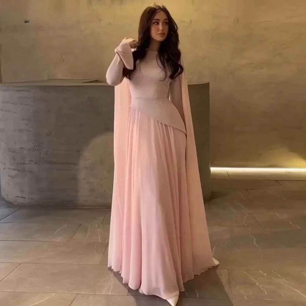 Arabic Evening Dress O-Neck Long Sleeves Prom Gown Pink Corset Muslim A-Line Customized Wedding Party Dress