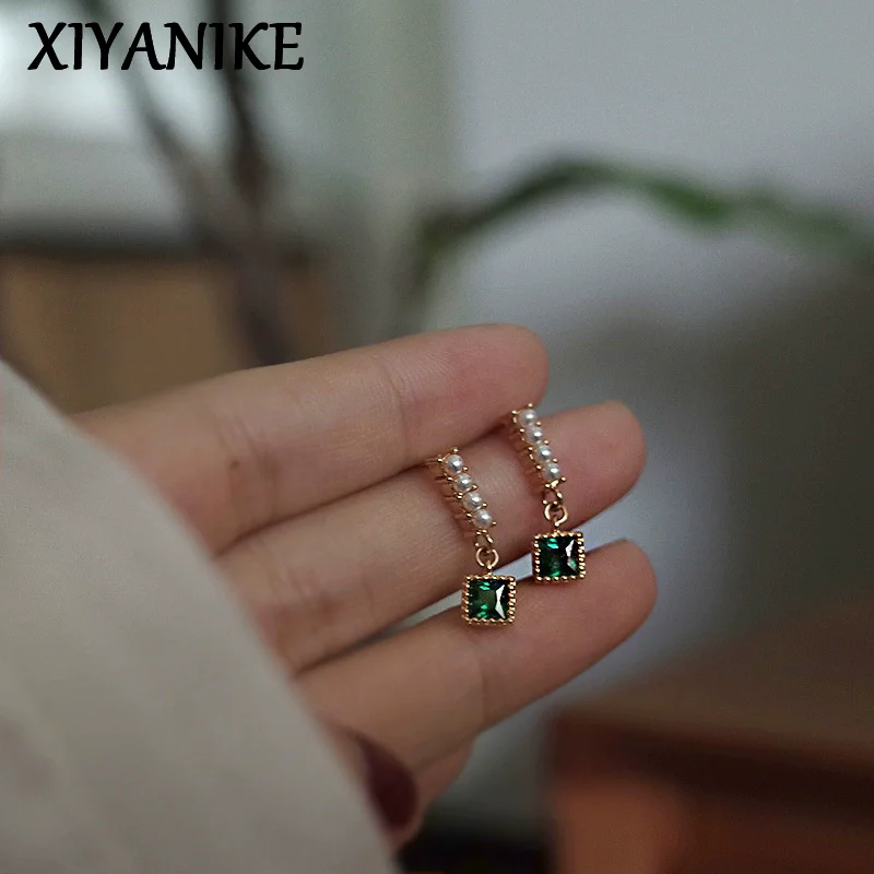 

XIYANIKE Delicate Green Zircon Pearl Stud Earrings For Women Lady French Fashion New Jewelry Gift Party Wedding серьги