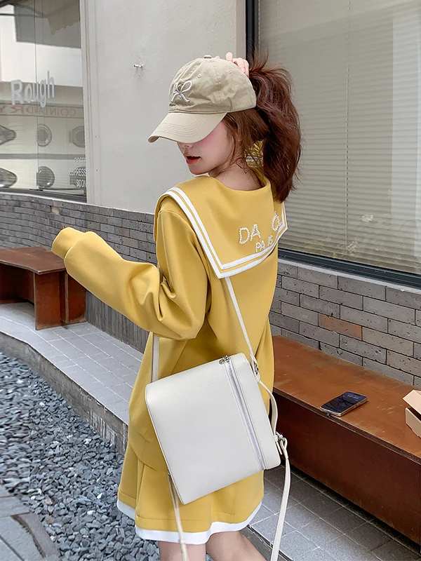 

Sweet Girl's Early Autumn Navy Collar Knot Top ort Skirt Two-Piece Set High Waist Breathable Medium Thin