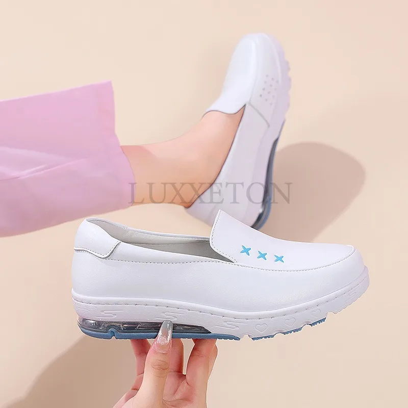 Genuine Leather Air Cushion Nurse Shoes for Women Spring New Soft Sole Breathable Anti Slip Flat Bottomed Medical Shoes