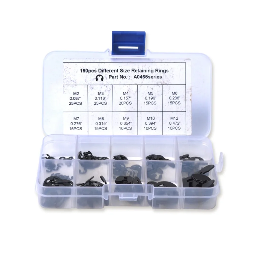 160pcs 2mm-12mm Range E-Clip Assortment Kit Metallic Finish Assortment Pack External Retaining Ring Circlip Snap Ring Set