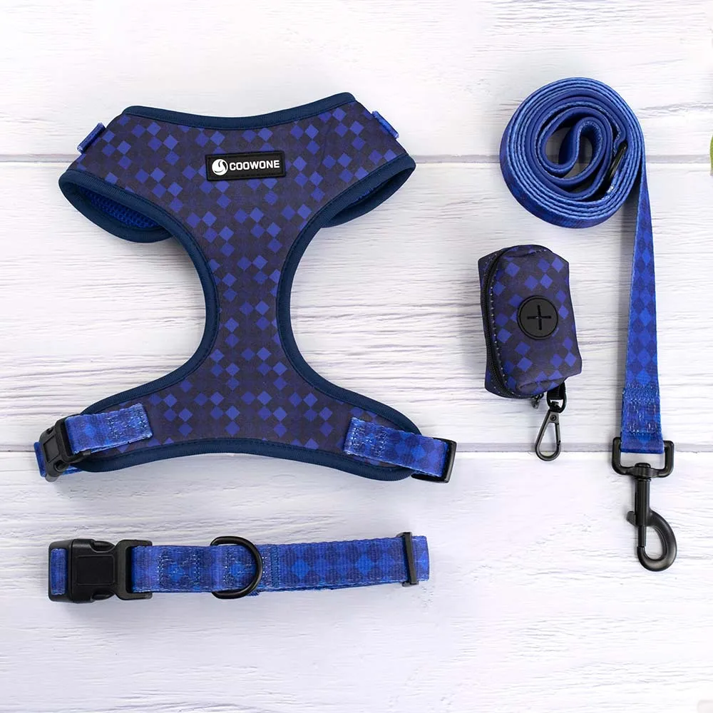 

Collarlogo Adjustable Pet Dog Collar Durable Soft Cute Creative Dark Blue Rhombus Leash Neoprene Harness Poop Poo Bag Dispenser