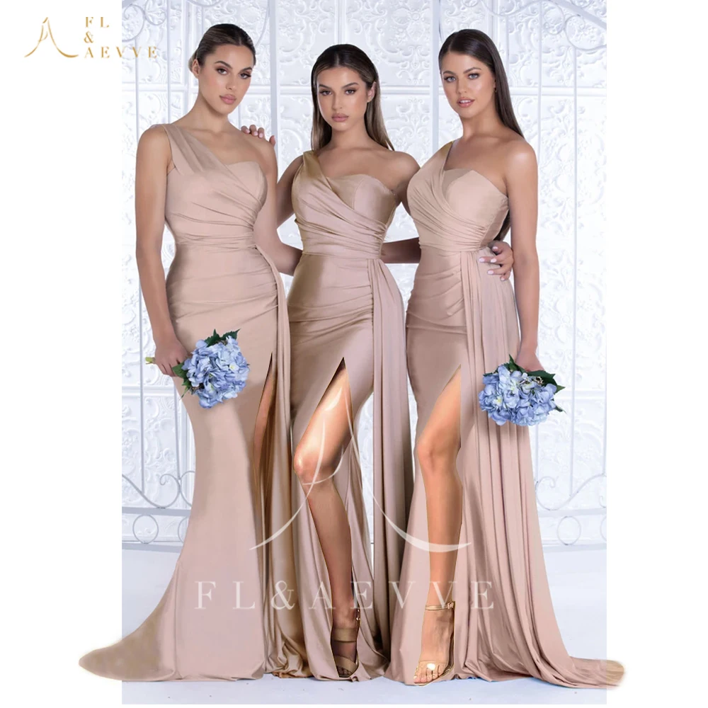 

FL&AEVVE Champagne Satin Bridesmaid Dress One Shoulder Wedding Party Gown with Side Split Elegant Formal Party Dress Customized