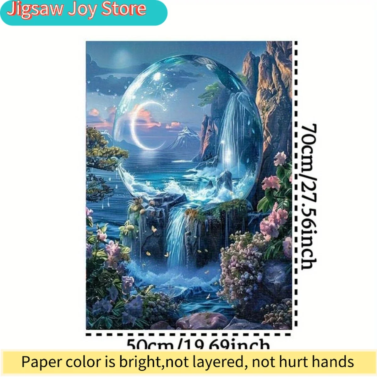 

Большой безрамный пазл на 1000 элементов - Пейзаж лунного света: водопад, полумесяц и цветочные мотивы - Из переработанного картона