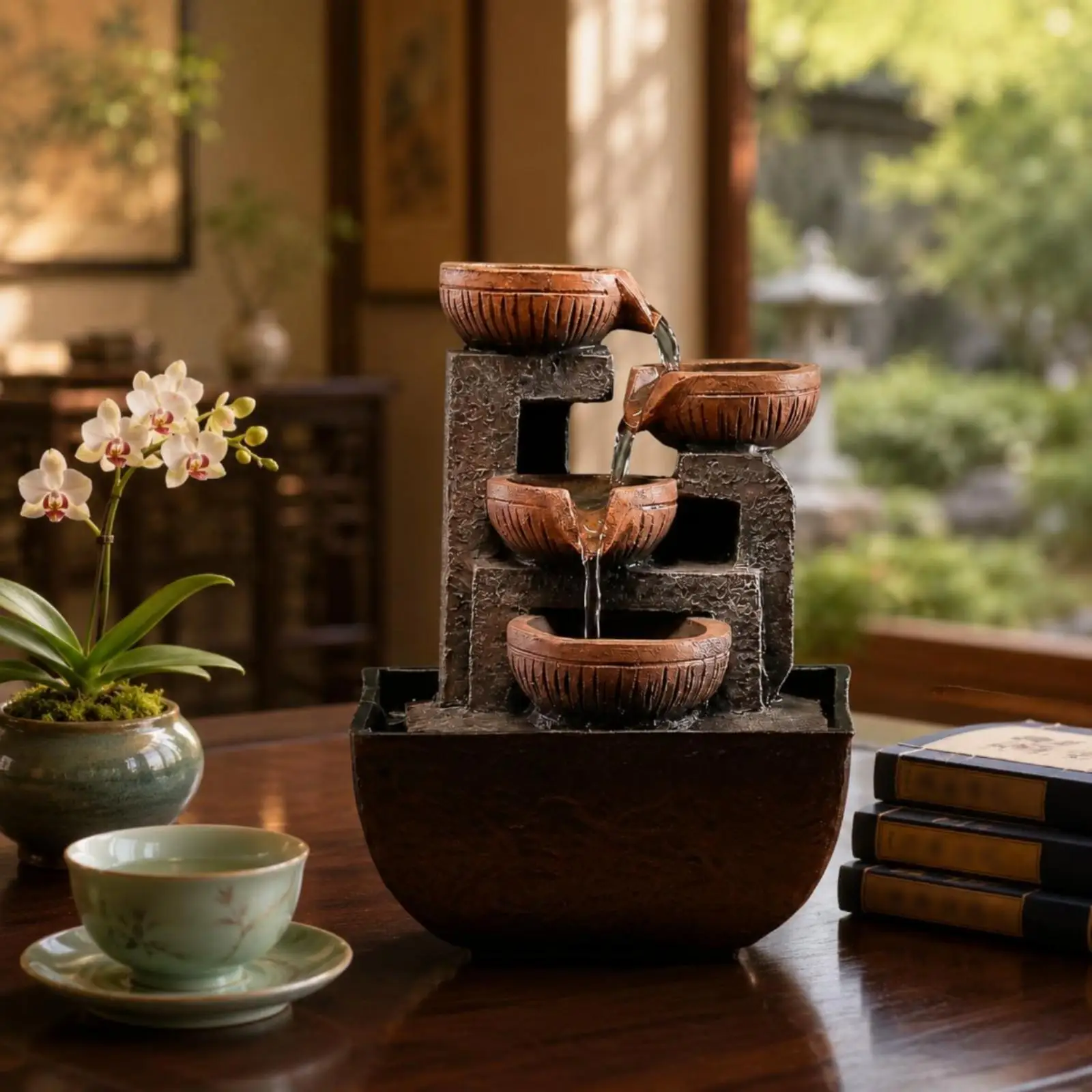 Chinese water feature, cascade-shaped, multi-tiered water feature,