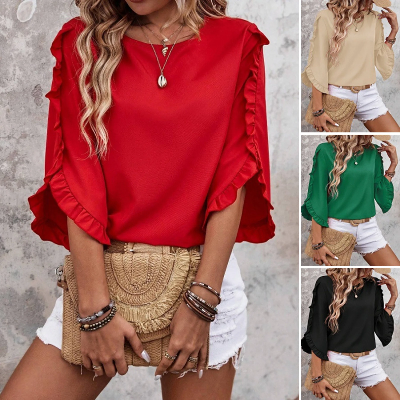Loose Fit Shirt Stylish Women\'s Summer Tops Petal Sleeve Pleated T-shirt Solid Color Round Neck Blouse Casual for Large
