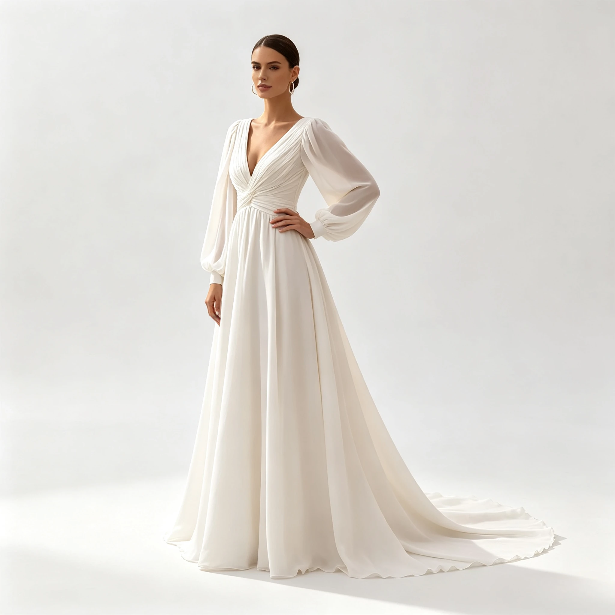 Customized Simple Ivory V Neckline Backless Wedding Dresses Elegant Puffy Sleeves Chiffon Gown A-line Long Train Formal for 2026