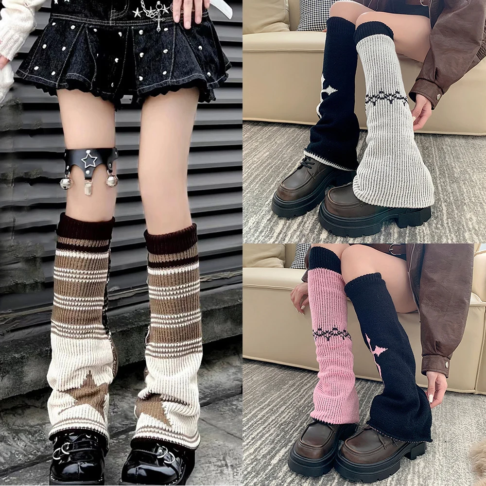 Heiße y2k Mädchen Beinlinge jk Mädchen Lolita Wolle gestrickte Fuß abdeckung fünf spitze Stern breite Bein Socken Set subkulturelle warme Socken