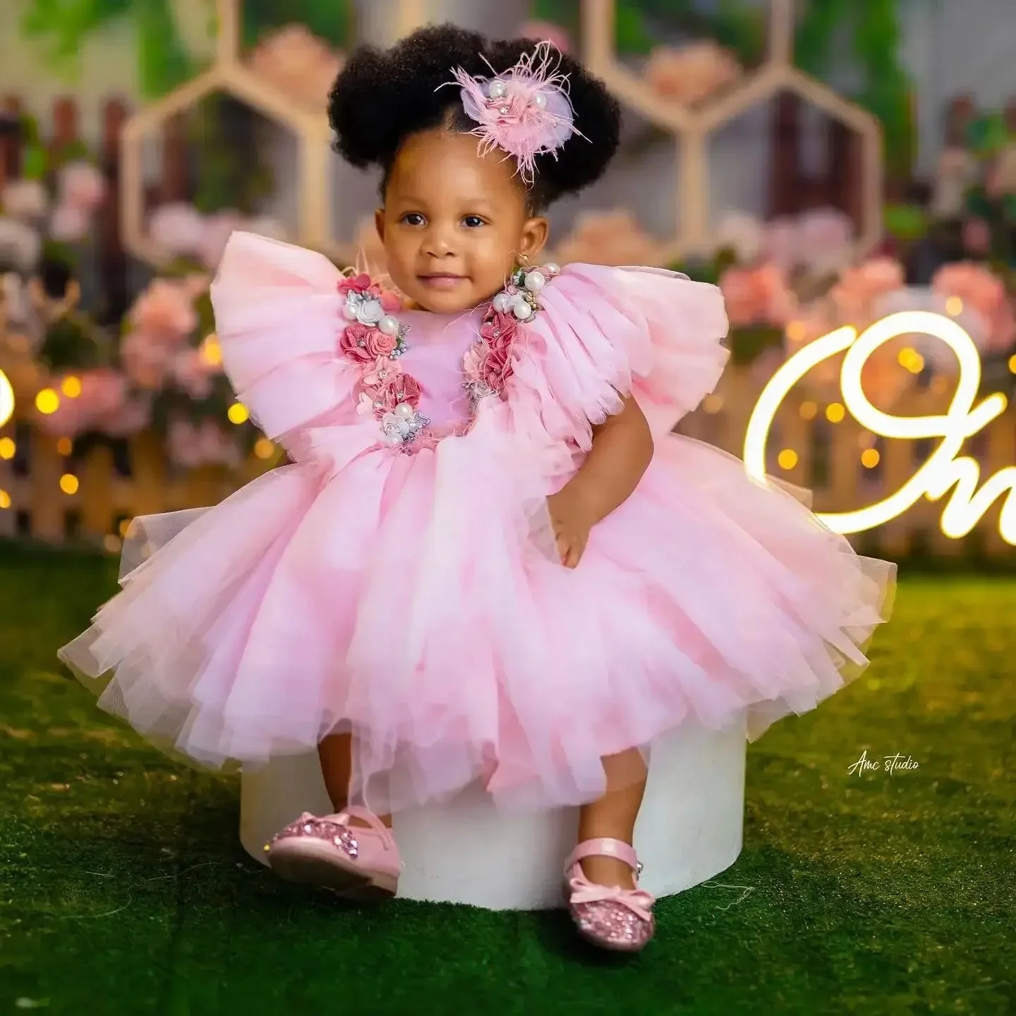 Flower Girl Dresses Customized Pink Floral Ruffles Ball Gown Shoot Gowns for Party  First Communion Dress Birthday Photos