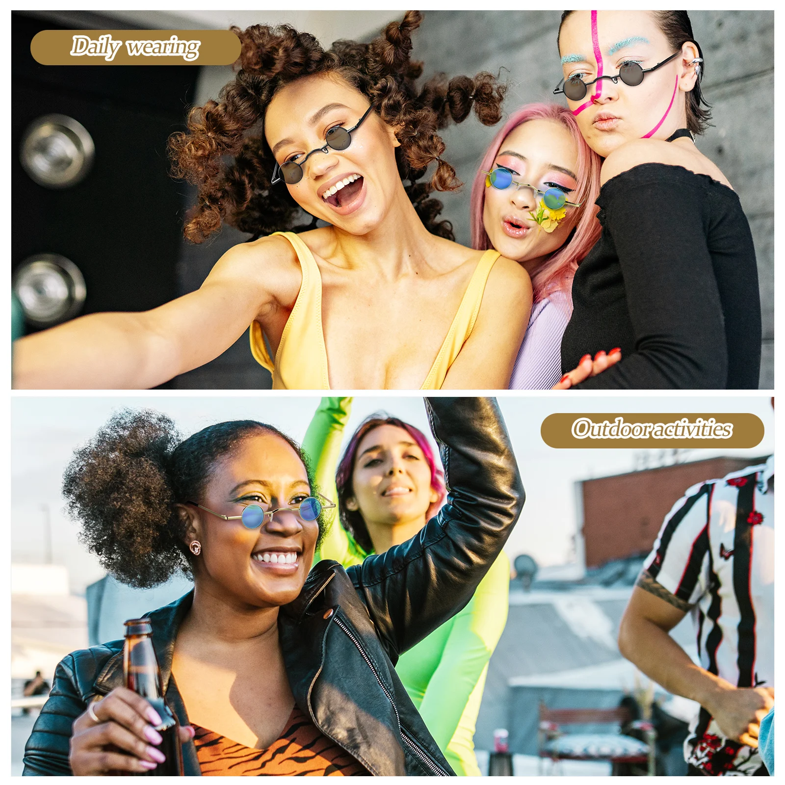 

2pcs Men Sunglasses Sunglasses Small Circle Metal Frame Gold Blue Lens Hip Hop Punk Glasses for Men Women