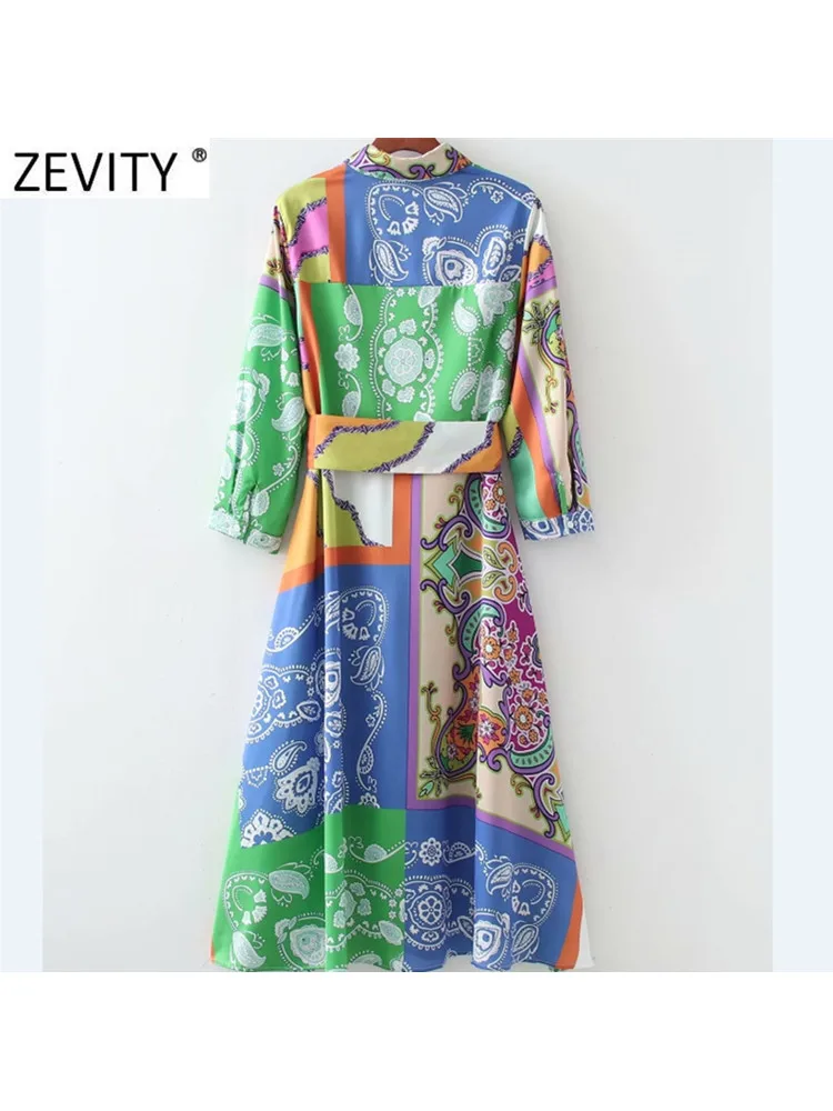 ZEVITY Women Fashion Cloth Patchwork Irregular Print Sashes Midi Shirt Dress Ladies Single Breasted A Line Kimono Vestido DS8791