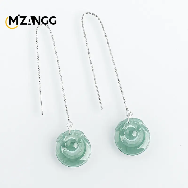 Natural A Goods Jadeite Blue Water Double Dragon Play Bead Ear Wire S925 Silver Inlay Ice Jade Women's High-grade Earrings