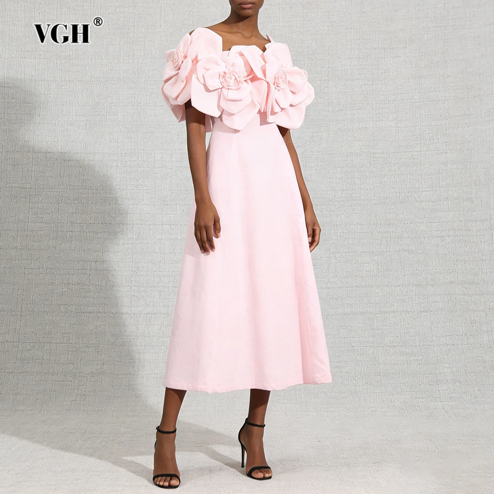 VGH Solid Elegant Dinner Dresses For Women Slash Neck Off The Shoulder Sleeve High Waist Spliced Appliques Chic Dress Female New