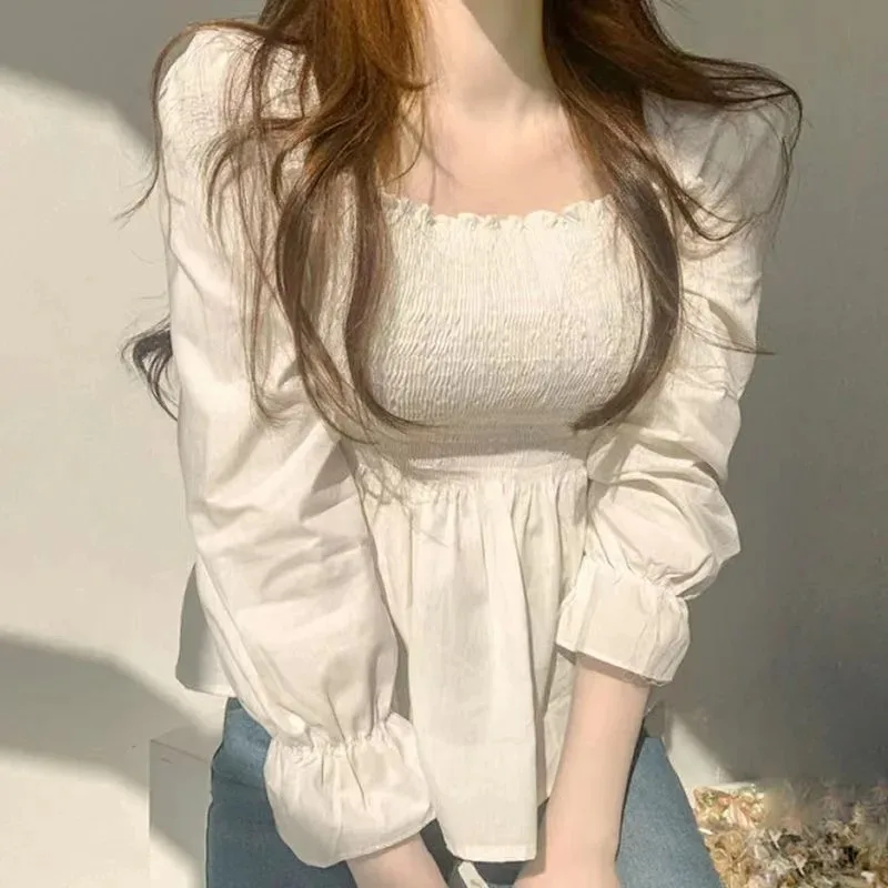 Square Neck Slim Shirt for Women, Elegant White Blouse, Long Sleeve Tops, Office Lady Fashion, New, 8023