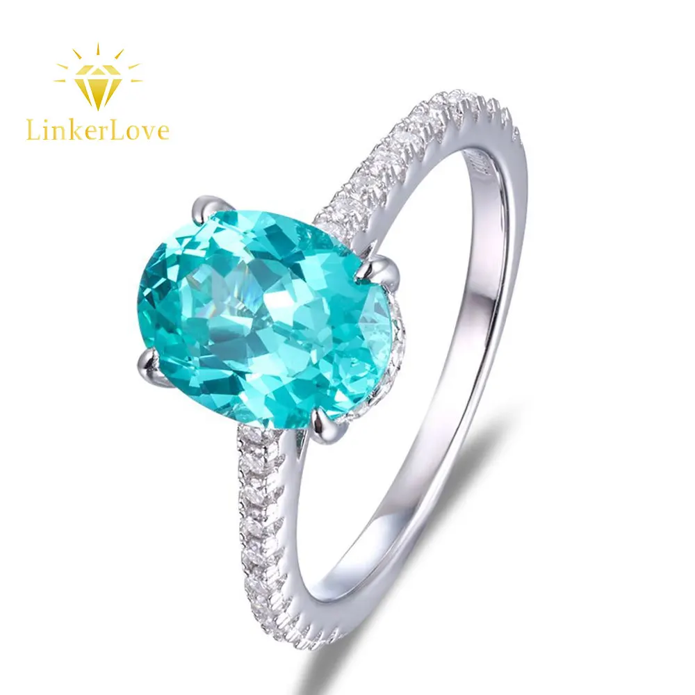 

LinkerLove S925 Silver 2ct Oval Cut Paraiba Tourmaline Engagement Ring for Women Pave Moissanite Accent Band Bridal Fine Jewelry