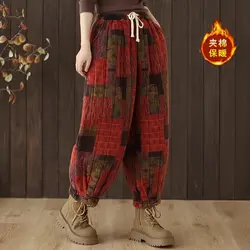 Retro Ethnic Style Printed Cotton Pants For Women Winter Cotton Linen Thick Style Warm And Loose Casual Lantern Trousers a080