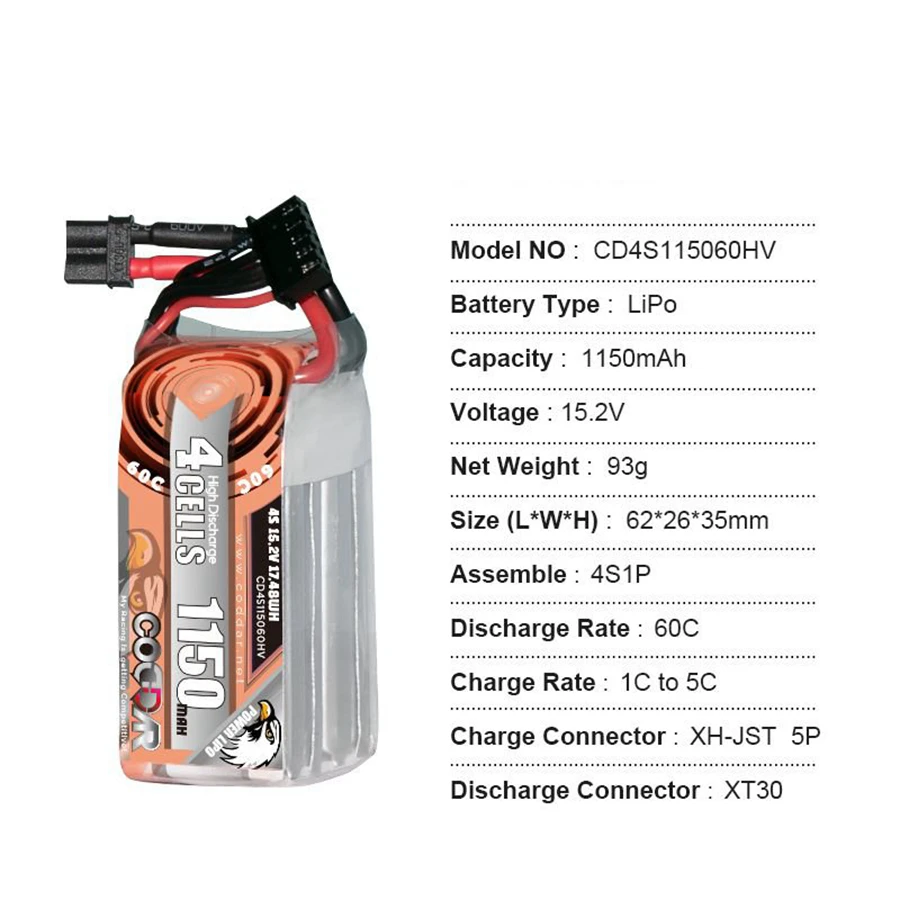 CD4S115060HV 4S 15.2V 60C 1150mAh Long Endurance Model Airplane Traverser Lithium Battery Pack