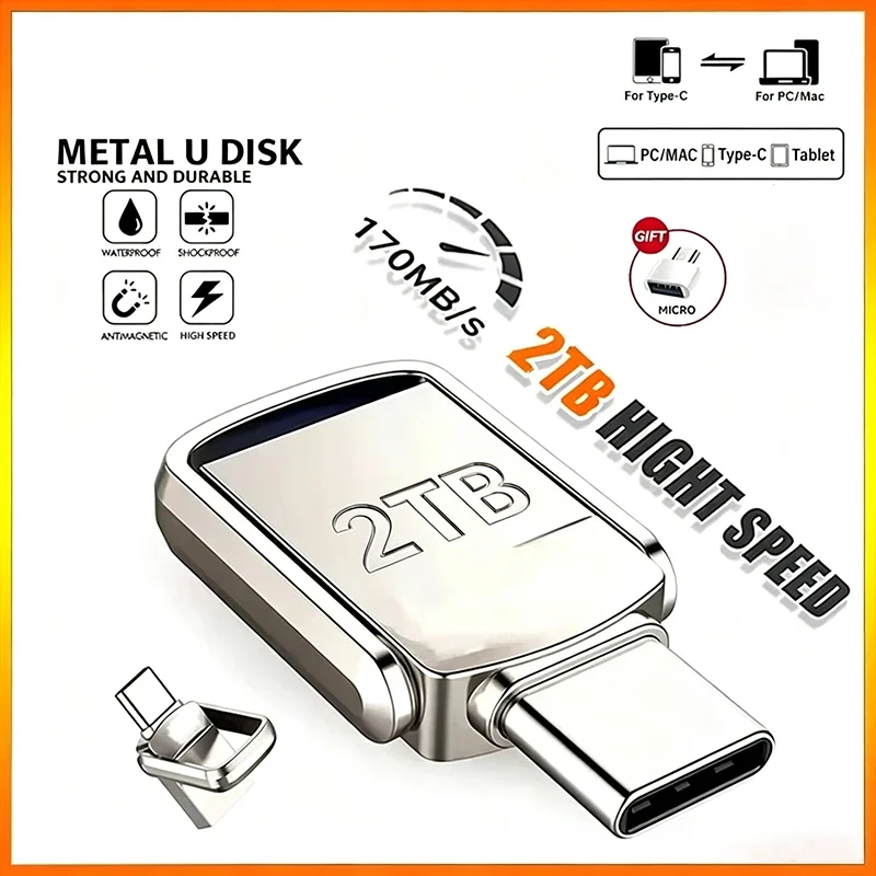 U Disk 2TB Metal Flash Drive High-Speed USB 3.2 Type-C Interface Flash Drive 512GB 1TB 2TB Pen Drive for PC Smartphone Storage