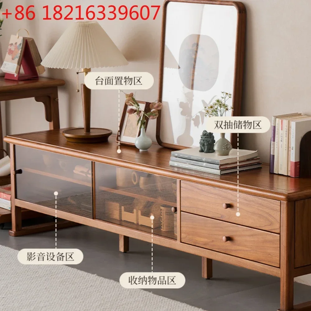 Solid Wood TV Cabinet Living Room Storage Cabinet Simple Elm Floor Cabinet Sliding Door Locker