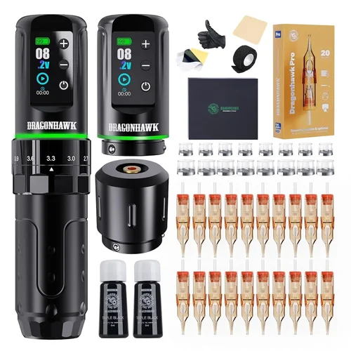 Imagen 1 del producto Dragonhawk L3 Kit de tatuaje Kit de máquina de pluma completo 7 golpes 2 baterías 2000mAh fuente de alimentación Pro agujas de tatuaje para principiantes