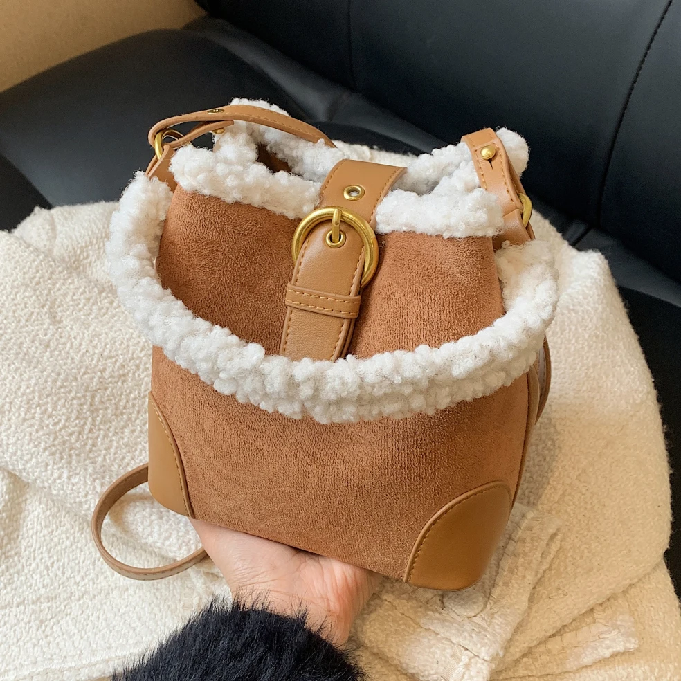 Mini Bucket Crossbody Bag For Women Luxury Suede Leather Shoulder Bag Designer Female Bag Warm Lamb Woolen Handle Winter Handbag