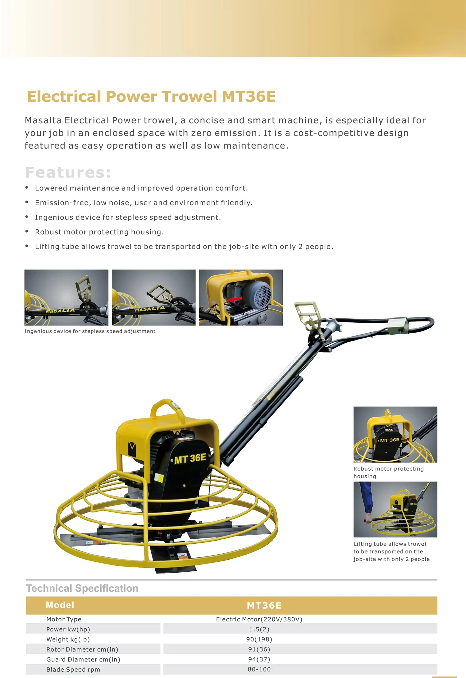 Masalta Elektrische Glättmaschine MT36E mit Elektromotor 1,5kW 220V/380V Motor Garantiert 1 Jahr, 1 Jahr Verpackungsgarantie Benzin CE