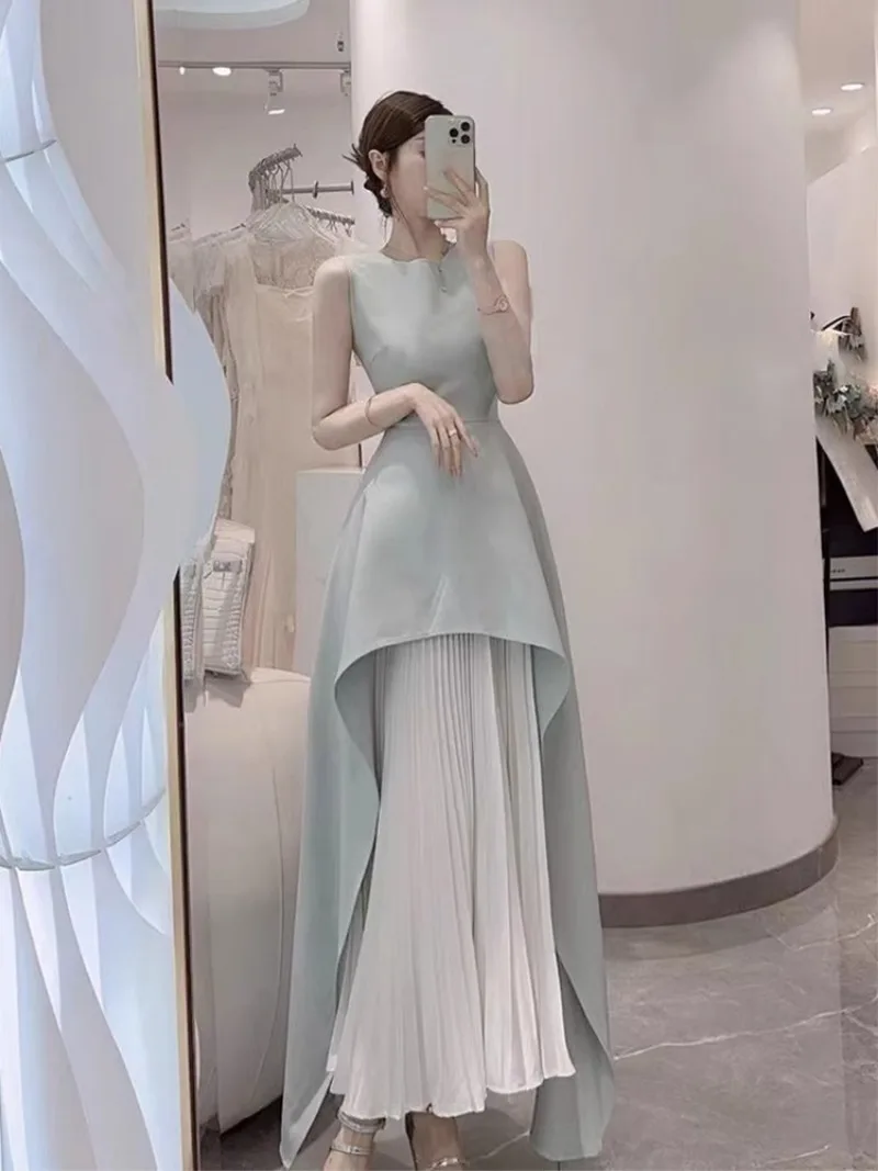New French Fashion Summer Chiffon Dress Women Slim Waist Splicing Sleeveless Irregular Party Dresses Banquet Robe Vestidos