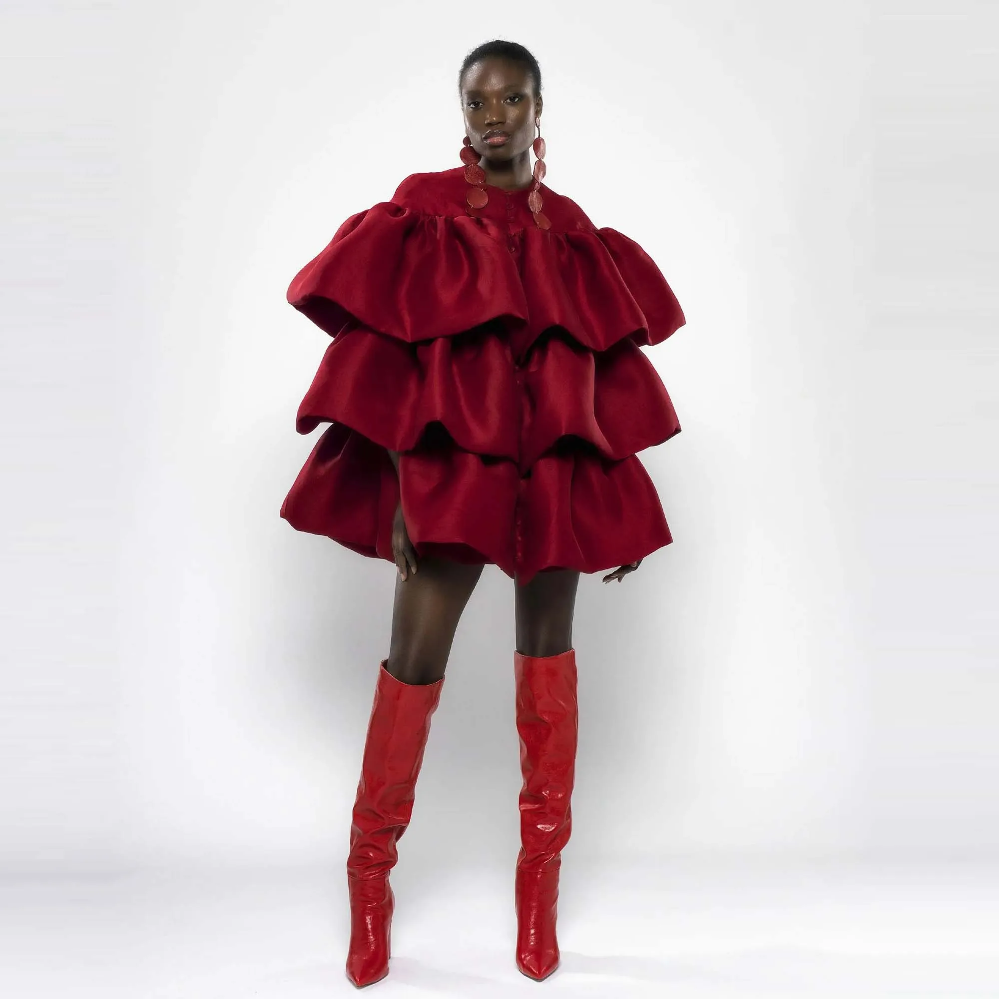 

Chic Tiered Satin Dark Red Party Dresses Mini Length Layered Unique Cape Dress High Quality Burgundy Short Formal Occasion Dress