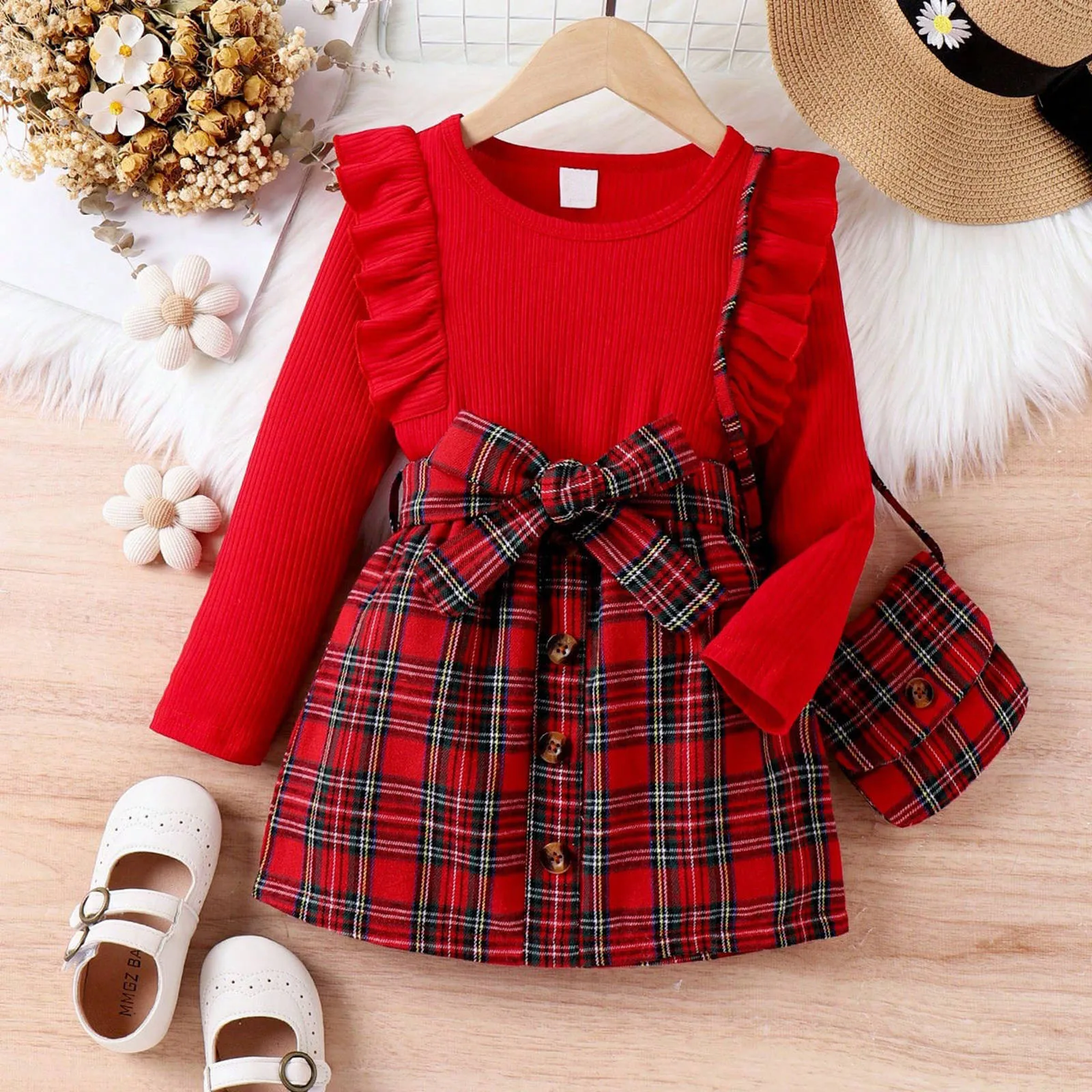 

Infant Girls Clothes Sets Autumn Winter Long Sleeve Ribbed Tops Plaid Prints Bowknot Skirts Toddlers Girls Fashion Outfits Sets