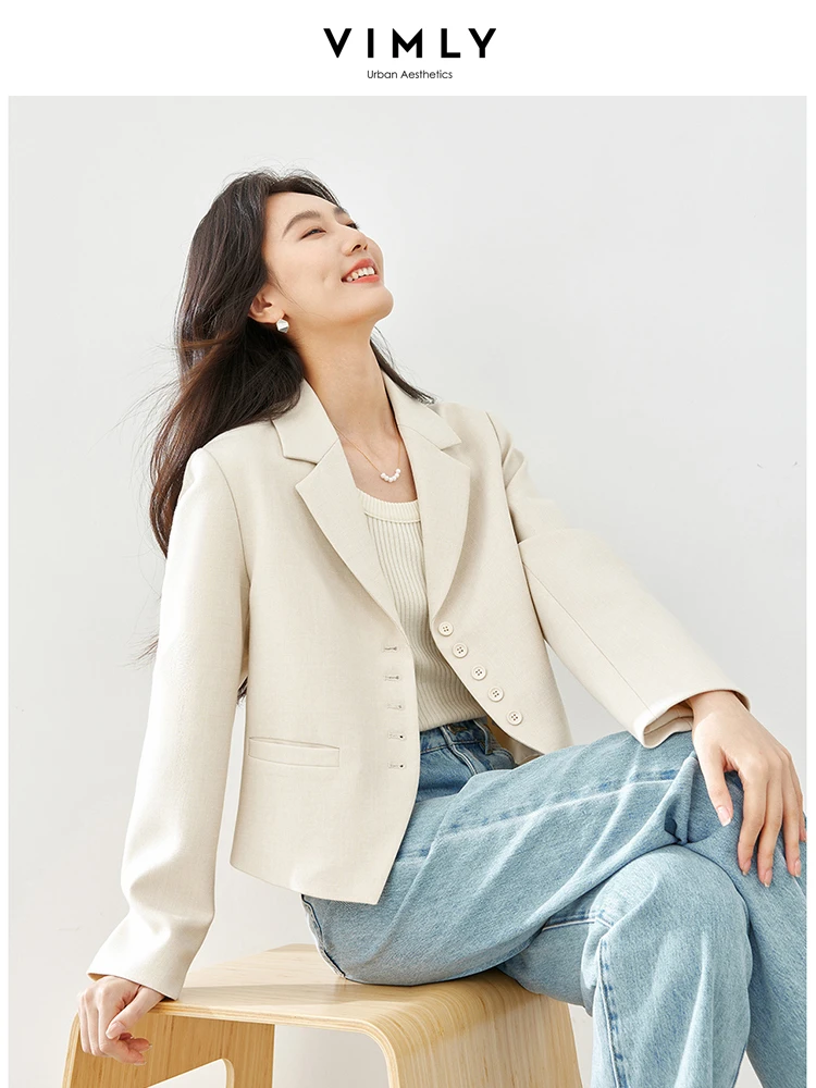 Vimly Spring Cropped Suit Jacket Women Blazer Solid Notched Single Breasted Long Sleeve Coat 2024 Office Ladies Outerwear M5168