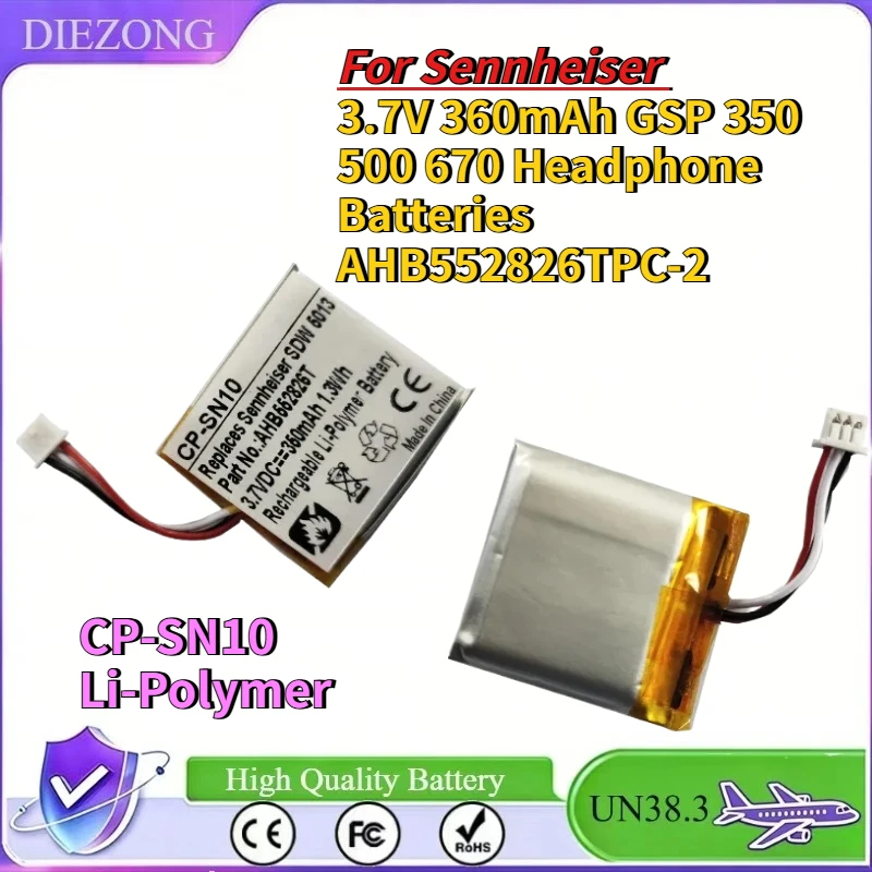 In Stock CP-SN10 Li-Polymer Battery For Sennheiser  3.7V 360mAh GSP 350 500 670 Headphone Batteries AHB552826TPC-2