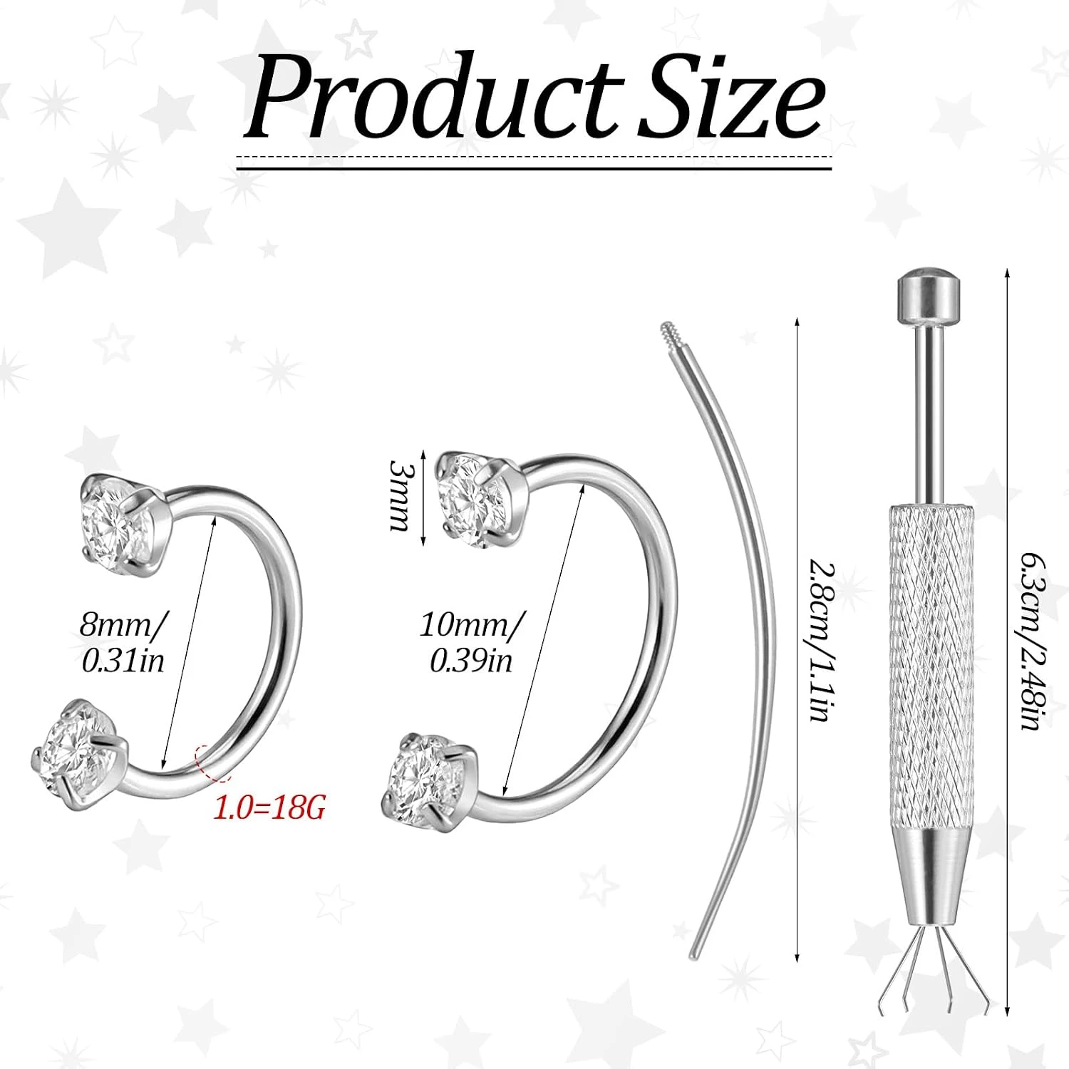 18G Horseshoe Nose Ring 8mm 10mm Double Gem Cartilage Lip Jewelry with Internal Threaded Piercing Taper and Bar Grabber Tool