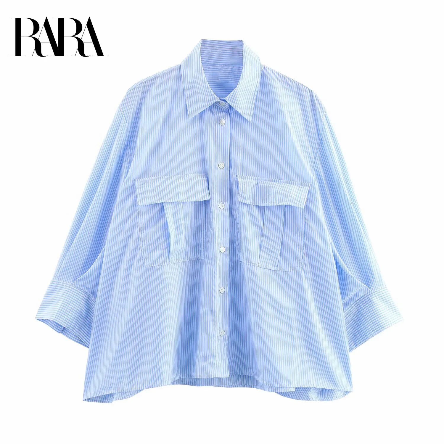 

RARA2025 Women's Summer New Pocket Decorated Casual Loose Collared Three Quarter Sleeve Striped Shirt Top