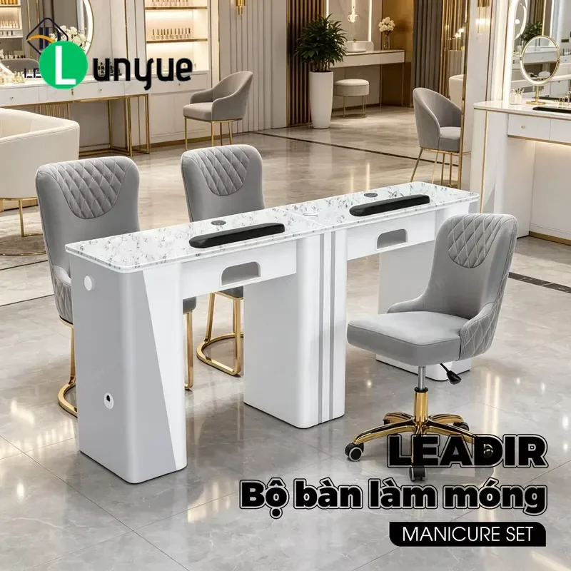 Marble Nail Art Table with Vacuum Cleaner Double Manicure Desk for Beauty Professional Nail Equipment Dust Collector