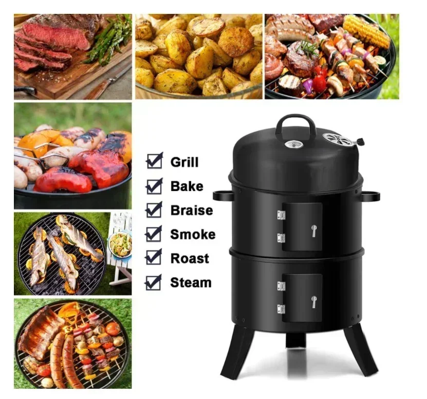 3 In 1 Smokeless Charcoal Smoker Bbq Grill 3 Layers Tower Vertical Barrel Charcoal Barbecue Grill Smoker