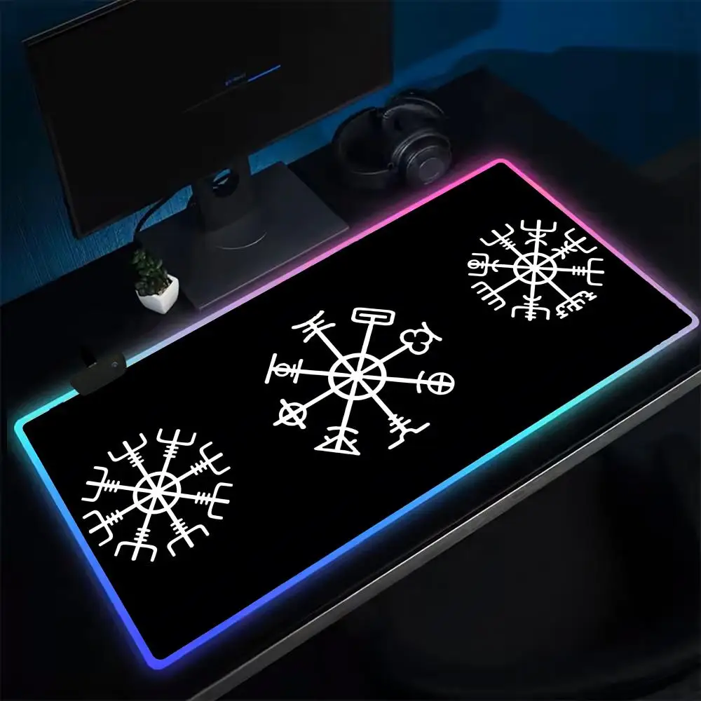 Populer Viking V- Vegvisir Logo Mouse Pad Anime Gaming Mouse Pad LED Meja Bantalan Backlit Karet Desktop XXL RGB Meja Tikar