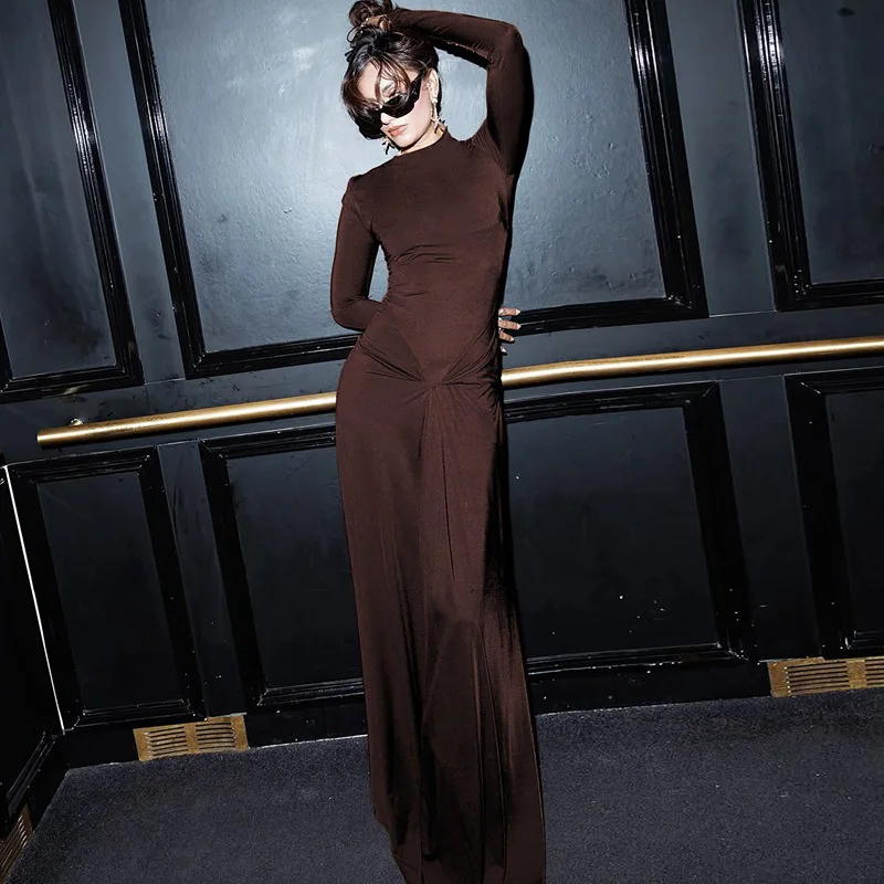 Ticketsx Fashion Ruched Slim Long Dress Solid Women Patchwork Long Sleeve Dress Autumn New Vacation Elegant Party Evening Dress