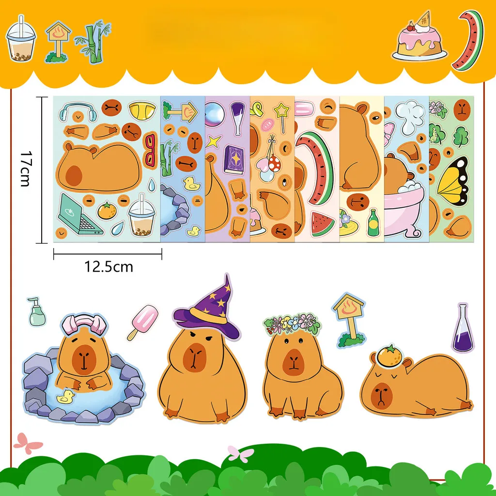 8 قطع من ملصقات ألغاز كابيبارا - ملصقات تعليمية تفاعلية بين الوالدين والطفل "صنع وجه" مقاومة للماء (متجر عوالم الرسوم المتحركة)