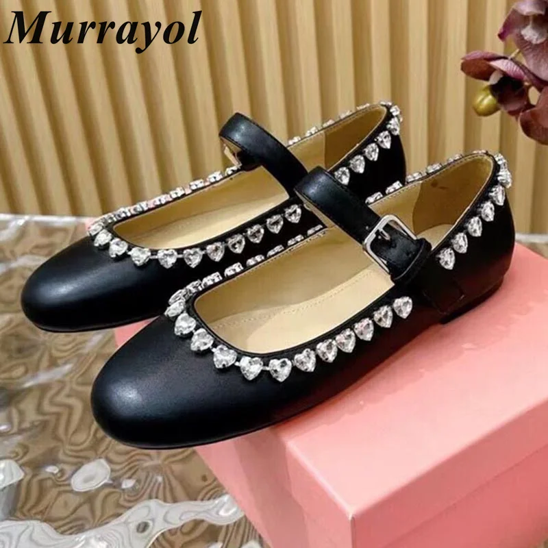 

Genuine Leather Belt Buckle Design Flat Shoes Women's Rhinestone Edging Mary Jane Shoes Spring Autumn Ballet Shoes Loafers