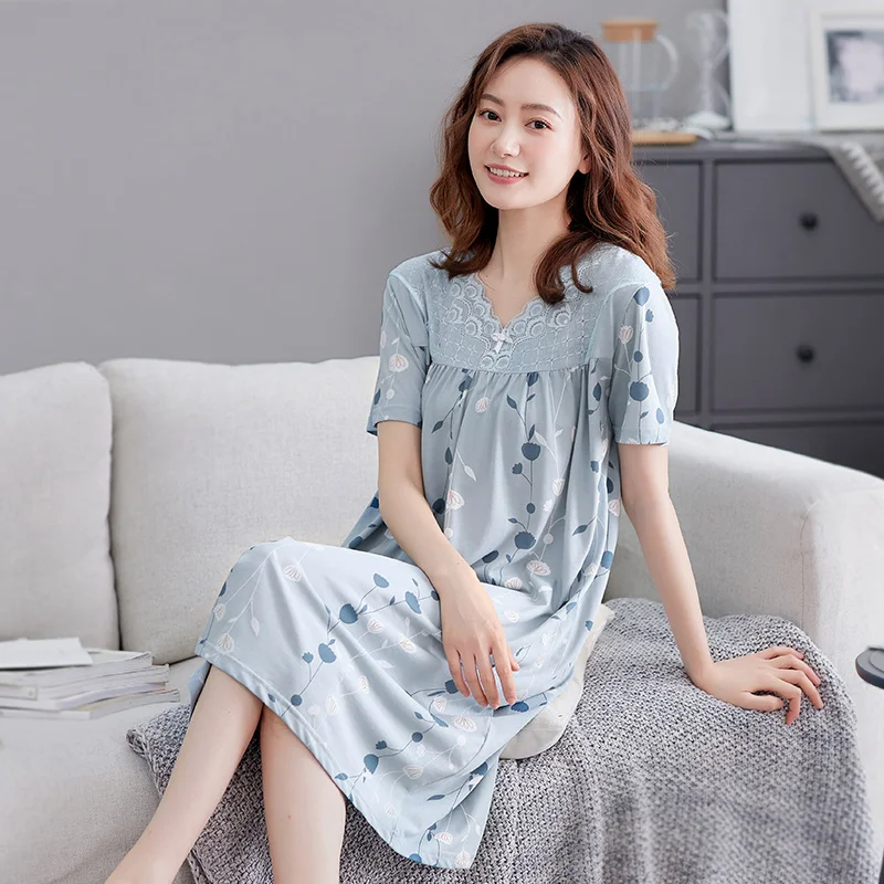 Summer Modal V-neck Women Short Sleeve Sleepwear Flower Print Nightgowns Nightwear Nightdress Sleepwear Nightgown Sleepshirts