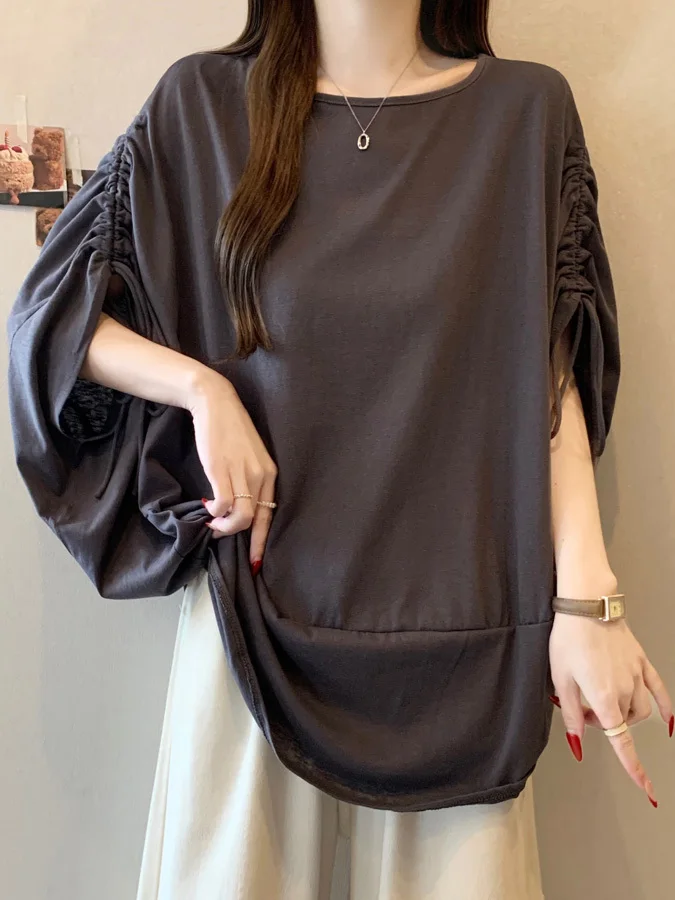 Loose Batwing Sleeve T-Shirt Women's Summer Base Shirt plus Size Conceal Belly Drawstring Casual Creative Style Commute Wind