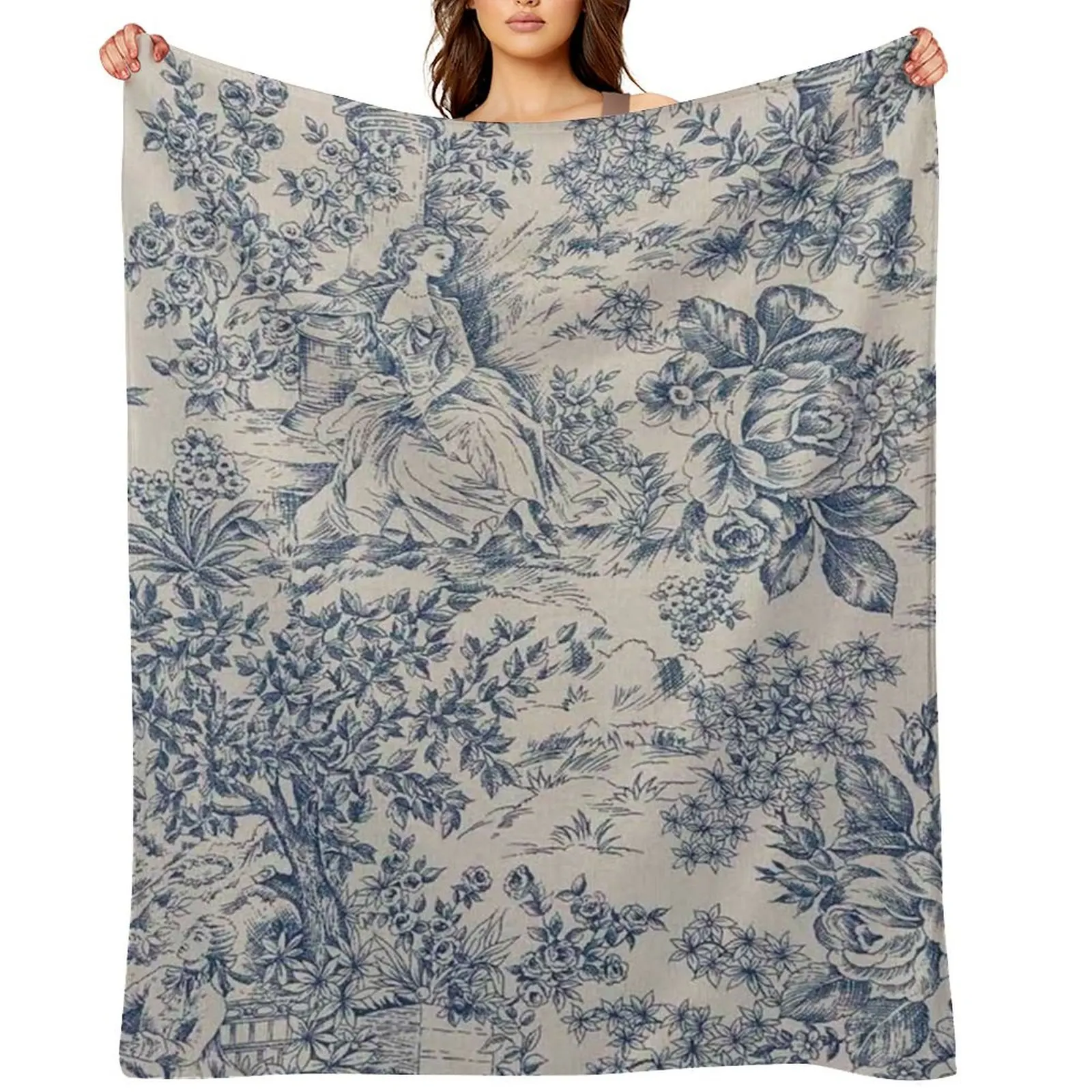 Blue Toile de Jouy Throw Blanket Picnic Luxury Throw Stuffeds Plaid Blankets