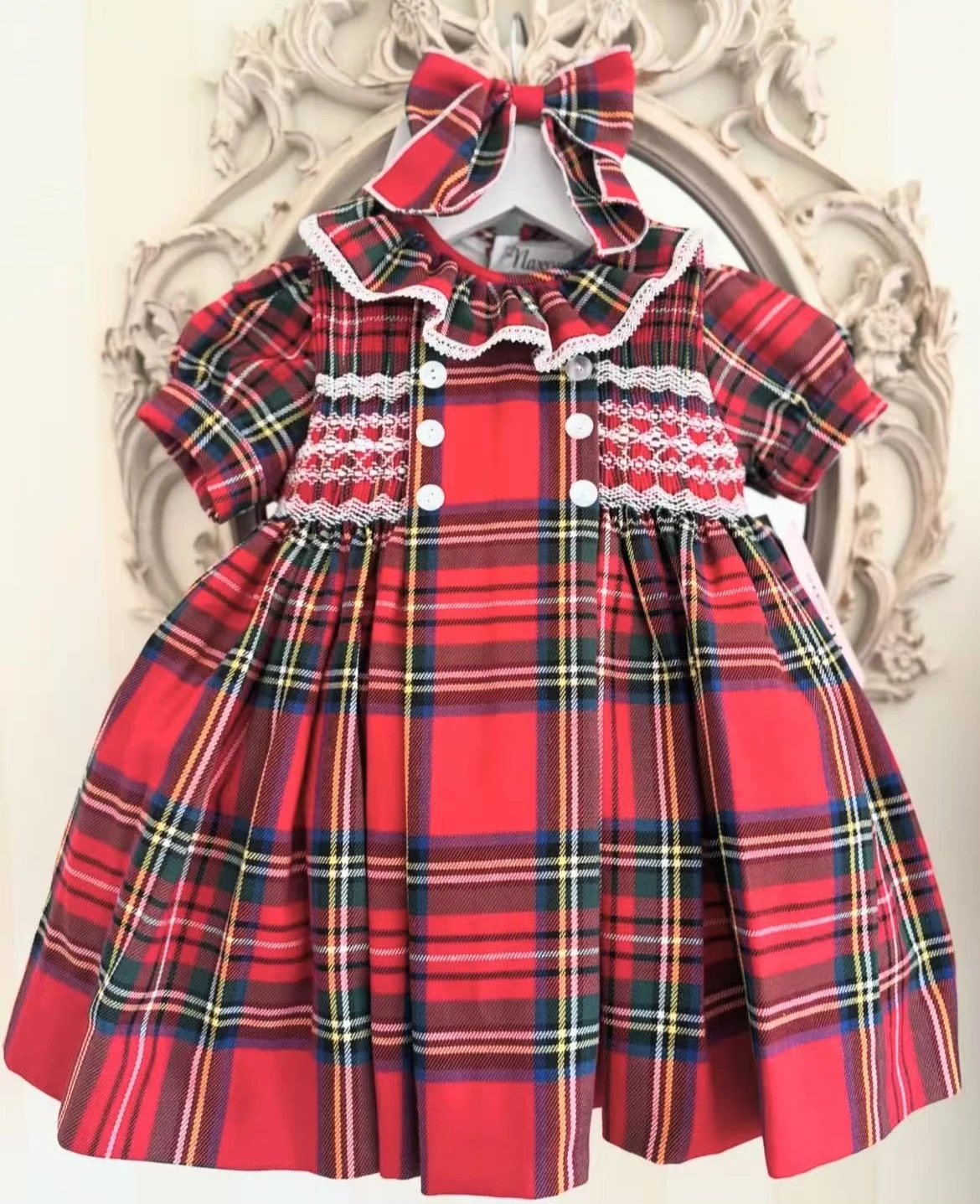 

0-12Y Baby Girl Summer Handmade Smocking Red Plaid Dress With Hair Bow for Birthday Photography Holiday Eid Christmas A315