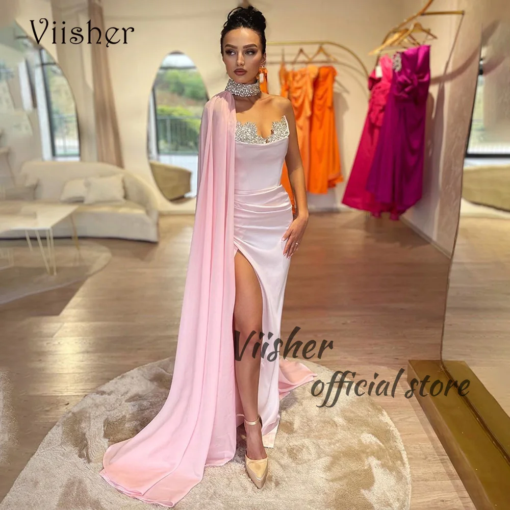 

Viisher Pink Mermaid Evening Dresses with Slit Pleats Satin Beads Sweetheart Prom Party Dress Floor Length Celebrate Event Gown
