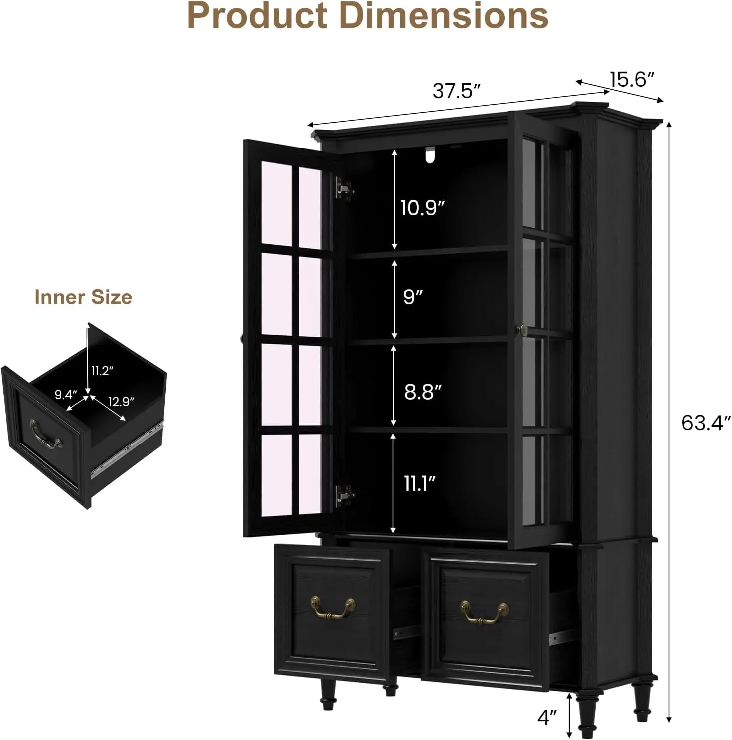 63 Inch Tall Display Storage Cabinet With Glass Doors Solid Wood Legs 2 Drawers Adjustable Shelves Vintage Curio Bookcase Freestanding Bookshelf For Living Room Office Dining Room Home Furniture Black - view 2