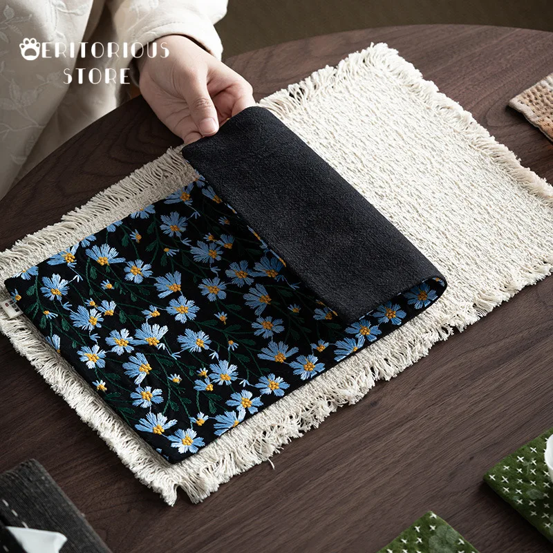 Chinese Tea Table Mats Cotton Daisy Handmade Embroidery Teapot Mat Big Tea Napkin Dry Bubble Tea Towel Zen Tablecloth Ceremony