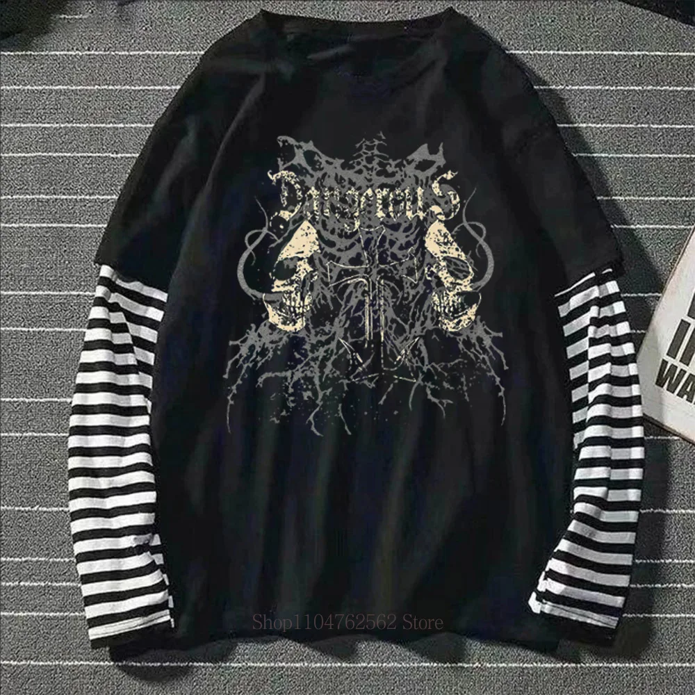Women Skull Y2K Print Graphic Fake Two Long Sleeved T-shirts Fashion Gothic Retro Casual Loose Fake Two Long Sleeved T Shirt